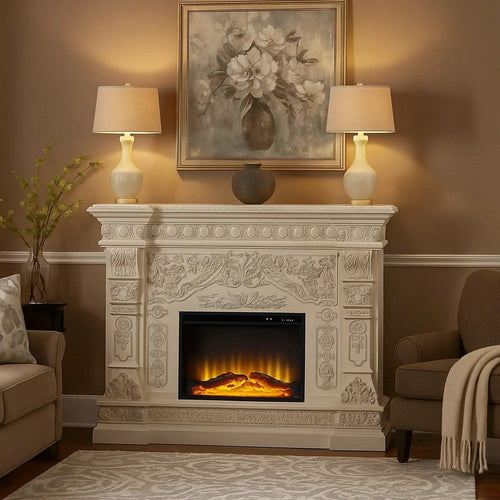 Kin LED Electric Fireplace, Classic Floral Carvings, Antique White 62"