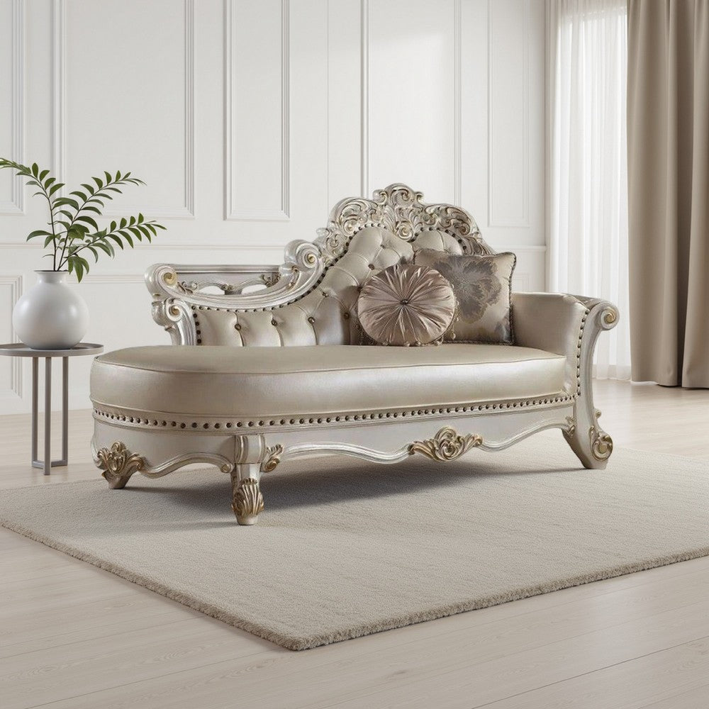 Antoine Chaise Lounger, 2 Pillows, Antique Pearl Faux Leather, 81"