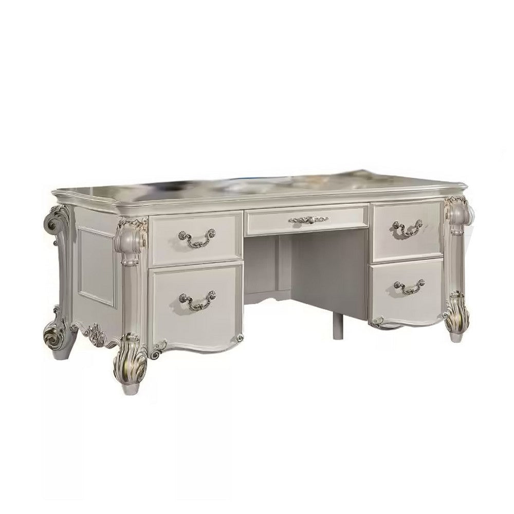 Antoine Home Office Desk, 5 Drawers, 74" Pearl White Wood Finish, Gold
