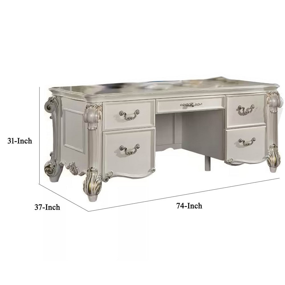 Antoine Home Office Desk 5 Drawers 74’’ Pearl White Wood Finish Gold BM324369
