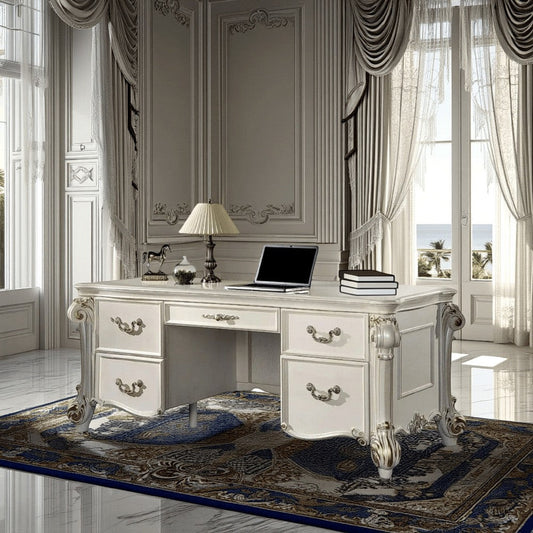 Antoine Home Office Desk, 5 Drawers, 74" Pearl White Wood Finish, Gold
