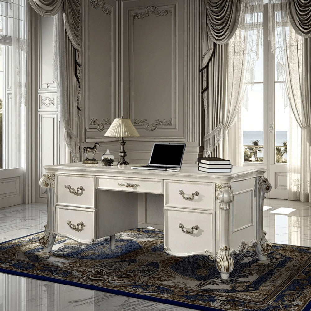 Antoine Home Office Desk, 5 Drawers, 74" Pearl White Wood Finish, Gold