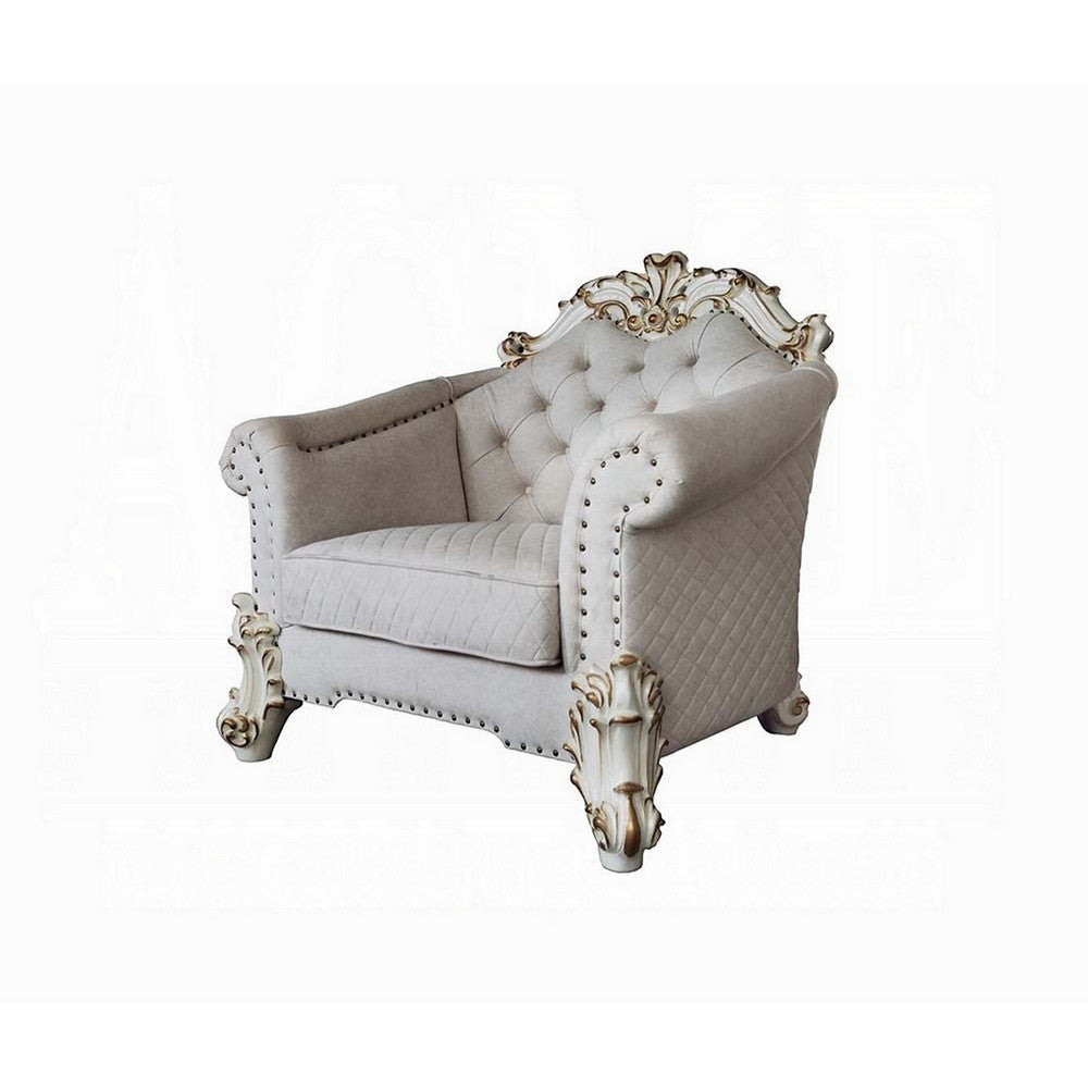 Antoine Accent Chair 2 Pillows Tufted Ivory Antique Pearl White BM324370
