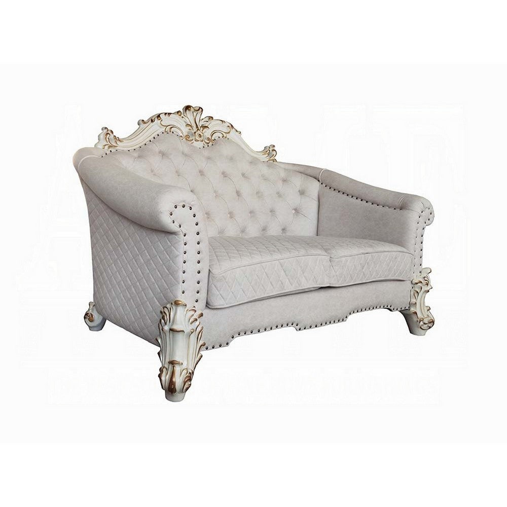 Antoine Loveseat, 4 Pillows, Ivory Fabric Antique Pearl Wood, 66"