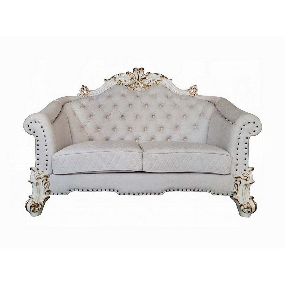 Antoine Loveseat 4 Pillows Ivory Fabric Antique Pearl Wood 66’’ BM324371