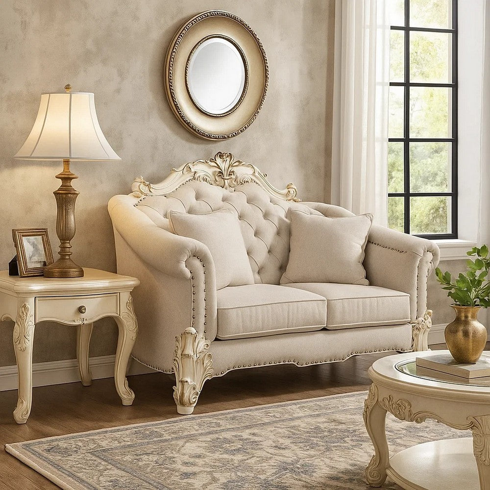 Antoine Loveseat, 4 Pillows, Ivory Fabric Antique Pearl Wood, 66"