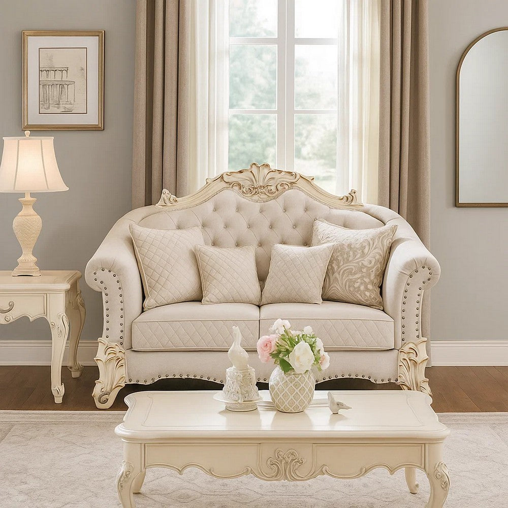 Antoine Loveseat, 4 Pillows, Ivory Fabric Antique Pearl Wood, 66"