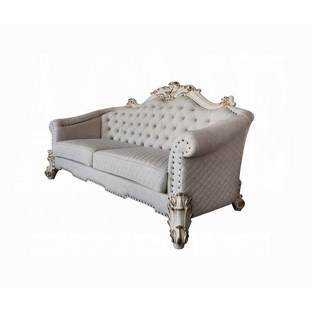 Antoine Sofa, 6 Pillows, Tufted Ivory Fabric, Pearl White Wood, 89"