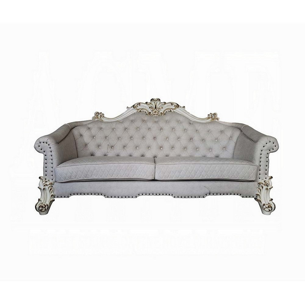 Antoine Sofa 6 Pillows Tufted Ivory Fabric Pearl White Wood 89’’ BM324372