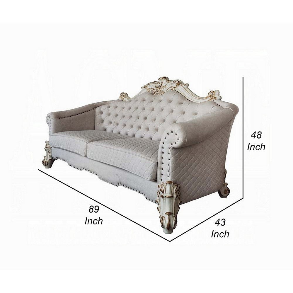 Antoine Sofa 6 Pillows Tufted Ivory Fabric Pearl White Wood 89’’ BM324372