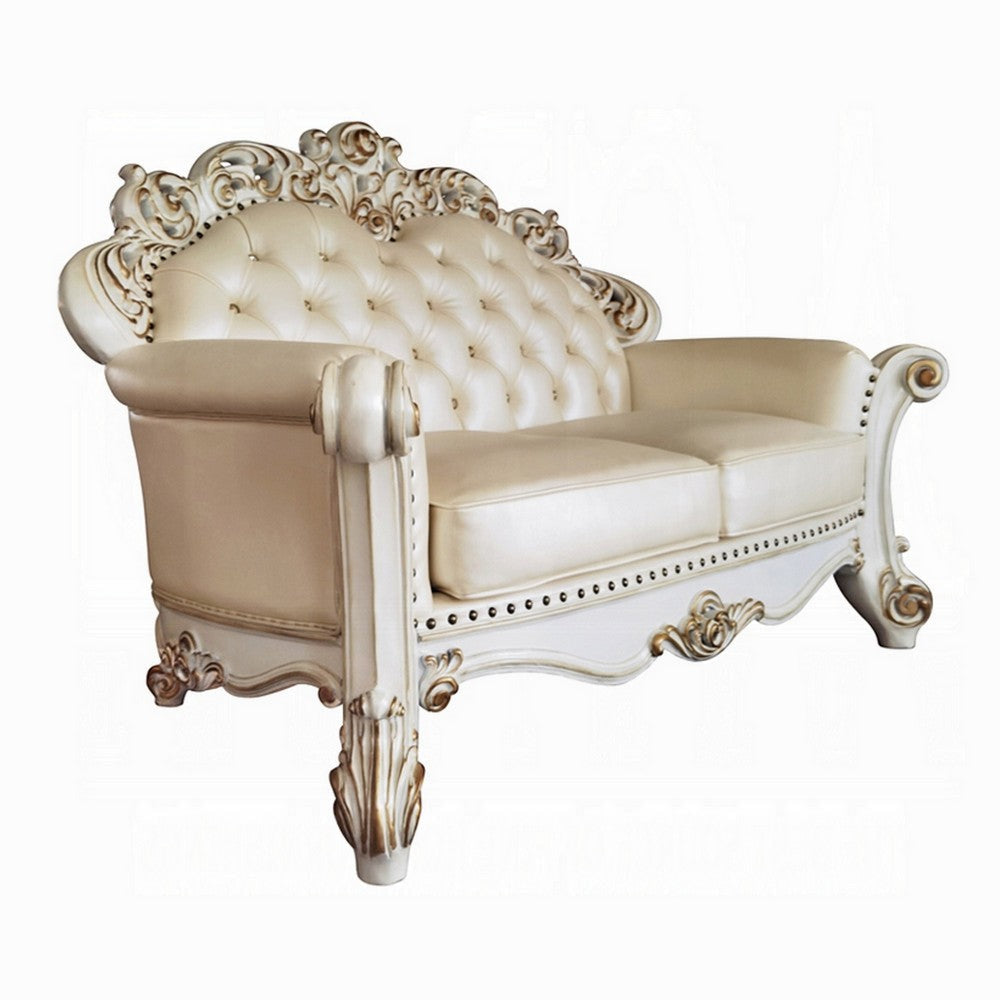 Antoine Loveseat, 3 Pillow, Champagne Faux Leather Pearl White 70"