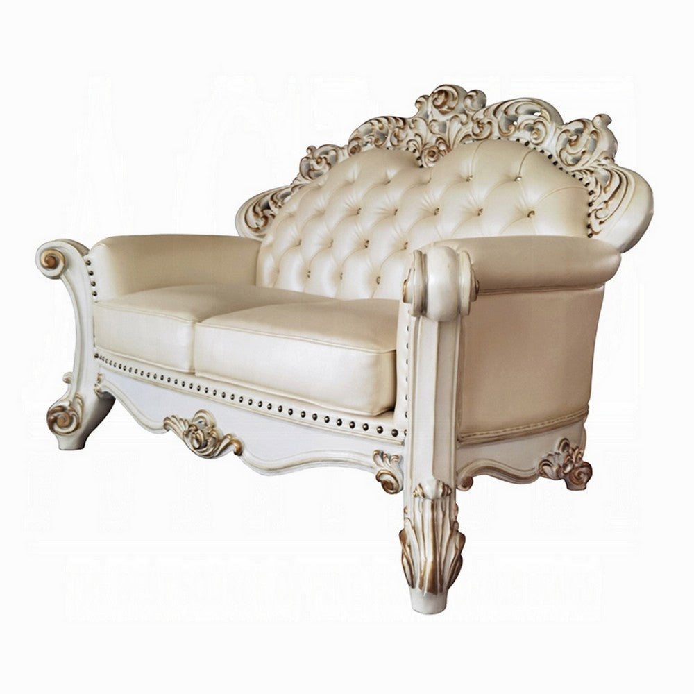 Antoine Loveseat 3 Pillow Champagne Faux Leather Pearl White 70’’ BM324373