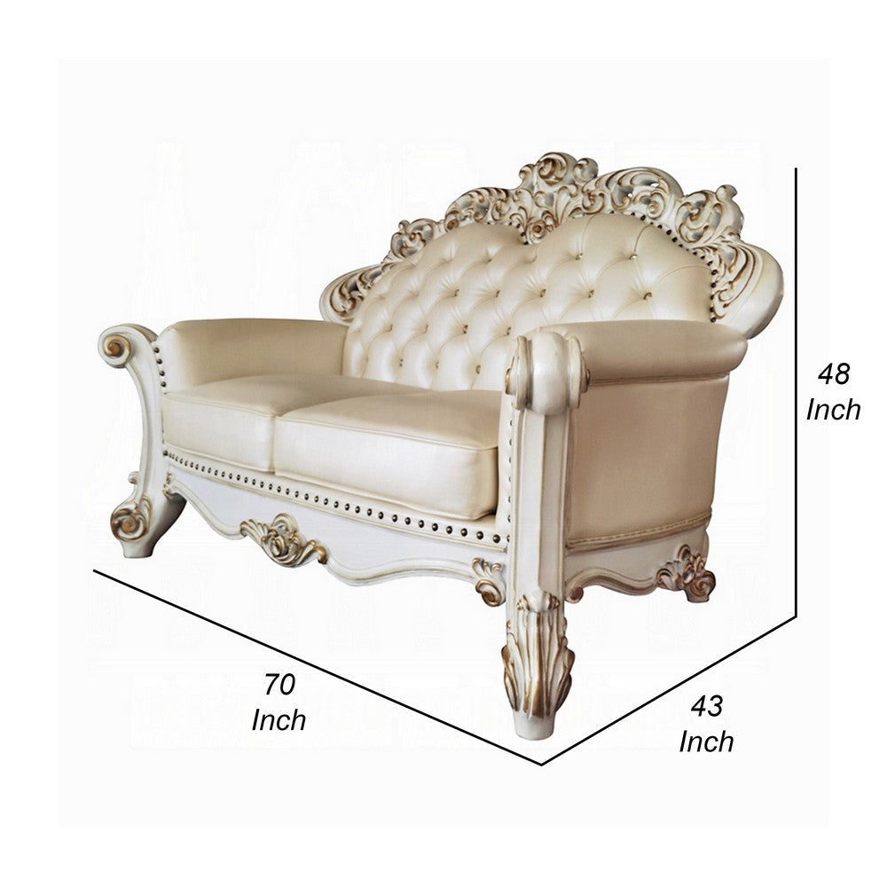 Antoine Loveseat 3 Pillow Champagne Faux Leather Pearl White 70’’ BM324373