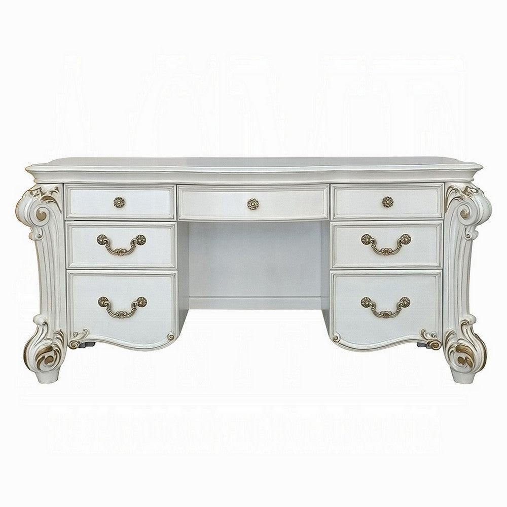 Antoine Vanity Desk, 7 Drawers, Antique Silver Wood, Gold Metal, 65"