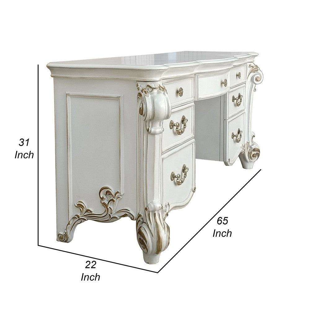 Antoine Vanity Desk 7 Drawers Antique Silver Wood Gold Metal 65’’ BM324376