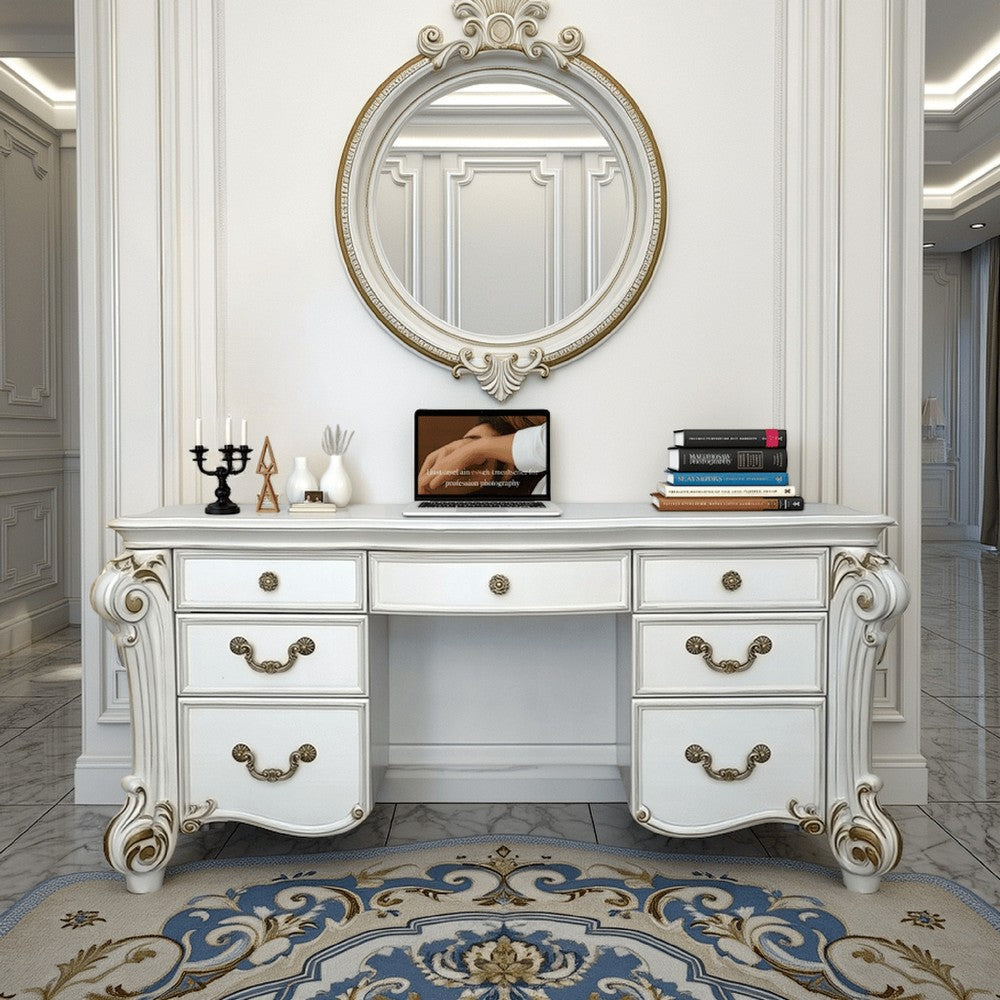Antoine Vanity Desk, 7 Drawers, Antique Silver Wood, Gold Metal, 65"