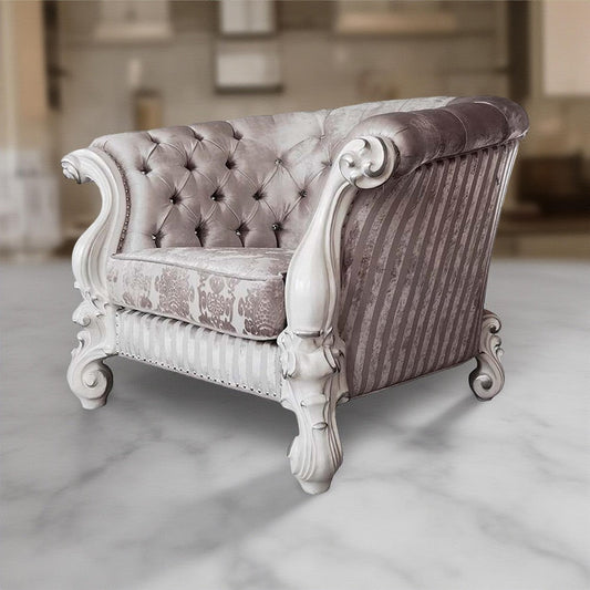 Kai Accent Chair, 2 Pillows, Tufted Ivory Fabric, Scrolled, White Wood