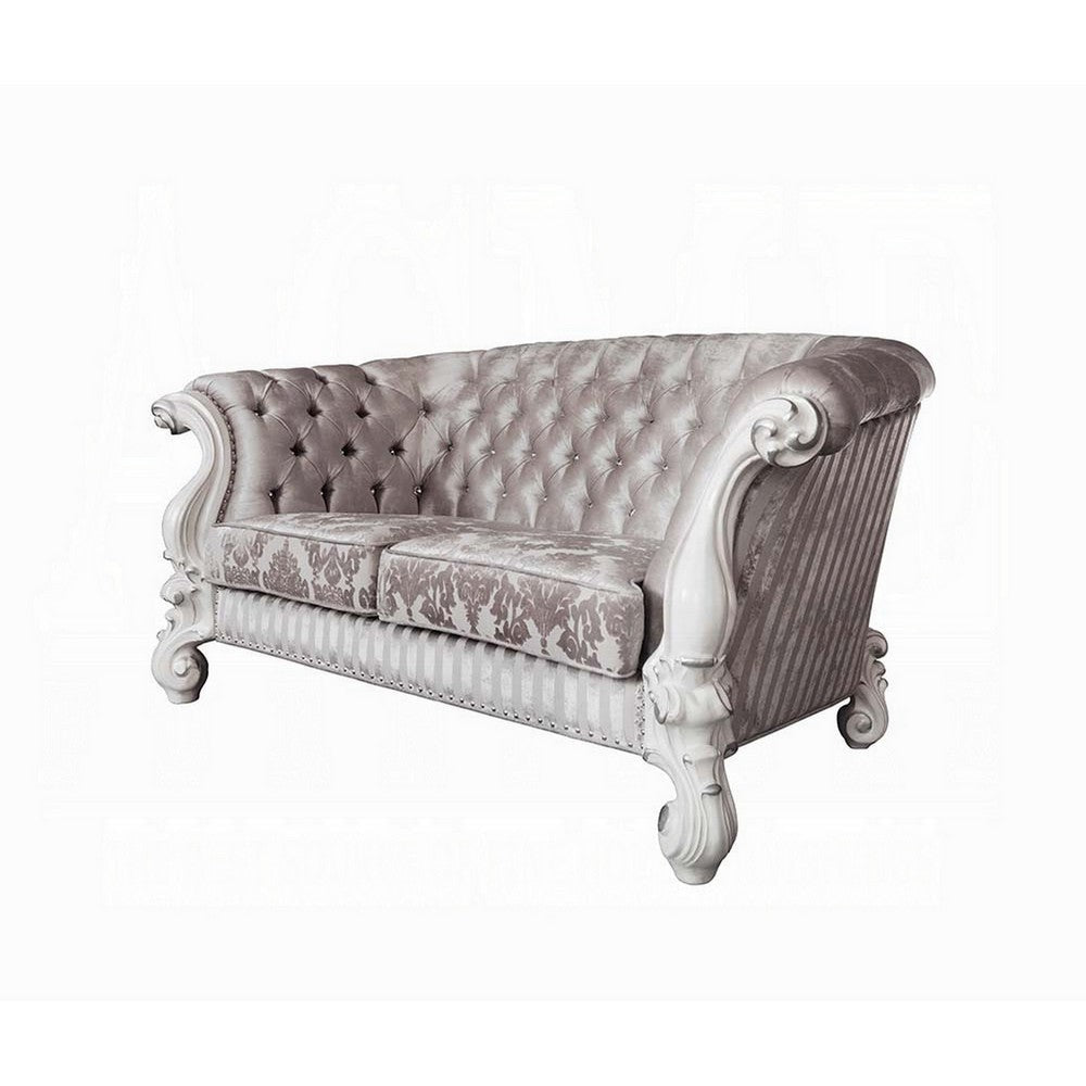 Kai Loveseat, 5 Pillows, Tufted Ivory Fabric, Scrolled, White, 76"