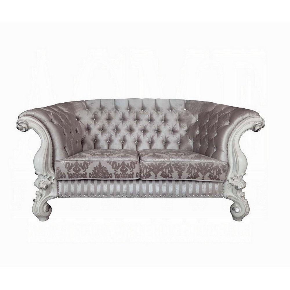 Kai Loveseat 5 Pillows Tufted Ivory Fabric Scrolled White 76’’ BM324378