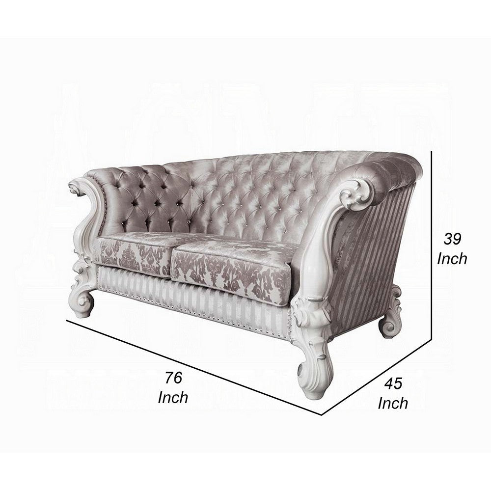 Kai Loveseat 5 Pillows Tufted Ivory Fabric Scrolled White 76’’ BM324378
