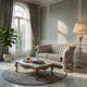 Kai Loveseat, 5 Pillows, Tufted Ivory Fabric, Scrolled, White, 76"