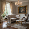 Kai Loveseat, 5 Pillows, Tufted Ivory Fabric, Scrolled, White, 76"