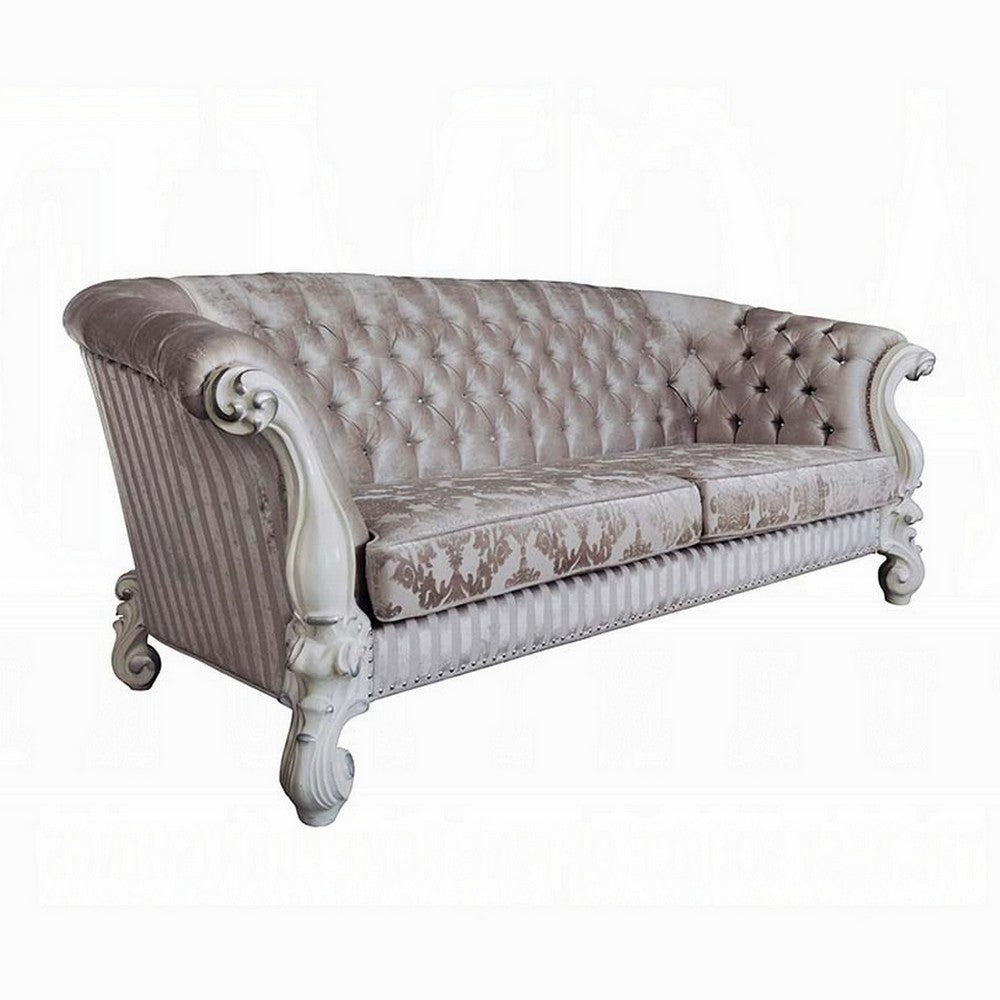 Kai Sofa, 7 Pillows, Tufted Ivory Fabric, Scrolled White Wood, 99"