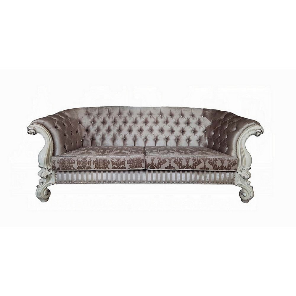 Kai Sofa 7 Pillows Tufted Ivory Fabric Scrolled White Wood 99’’ BM324379