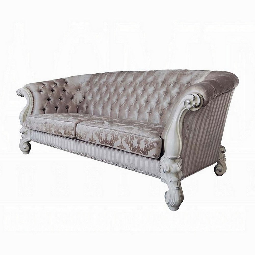 Kai Sofa 7 Pillows Tufted Ivory Fabric Scrolled White Wood 99’’ BM324379