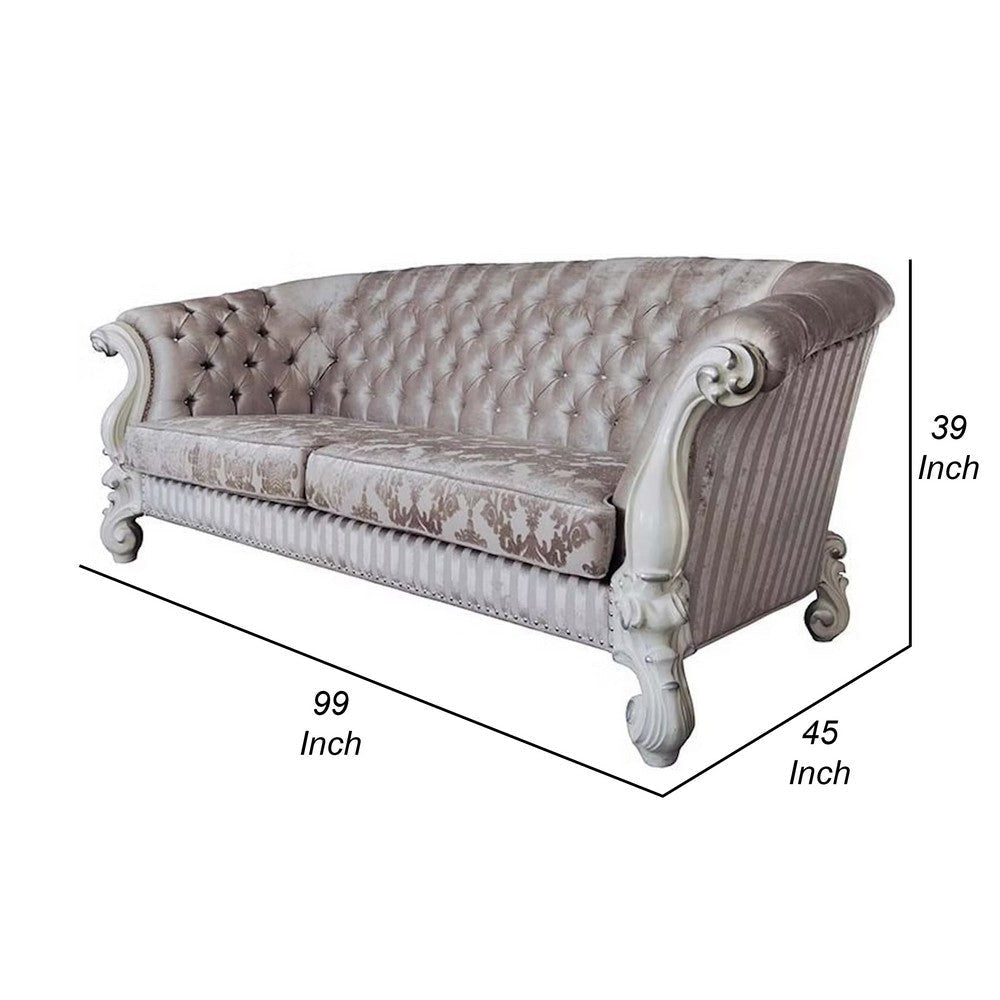 Kai Sofa 7 Pillows Tufted Ivory Fabric Scrolled White Wood 99’’ BM324379