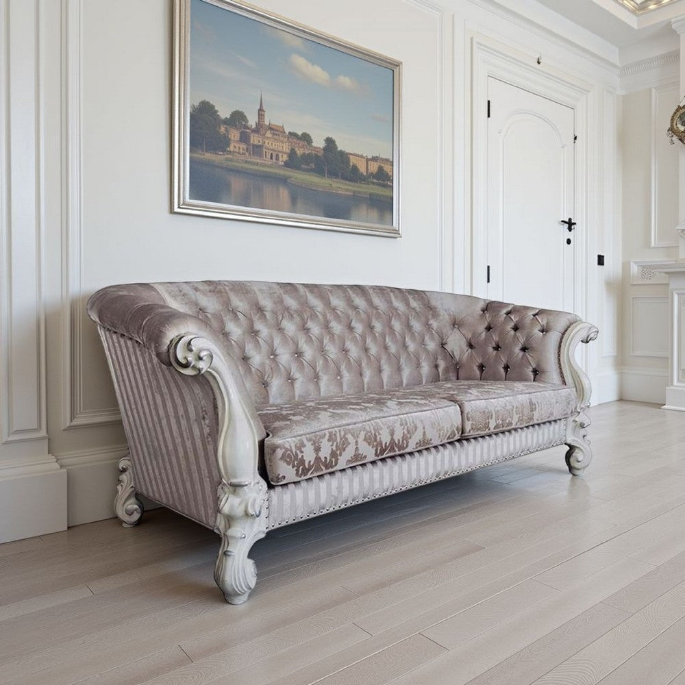 Kai Sofa, 7 Pillows, Tufted Ivory Fabric, Scrolled White Wood, 99"