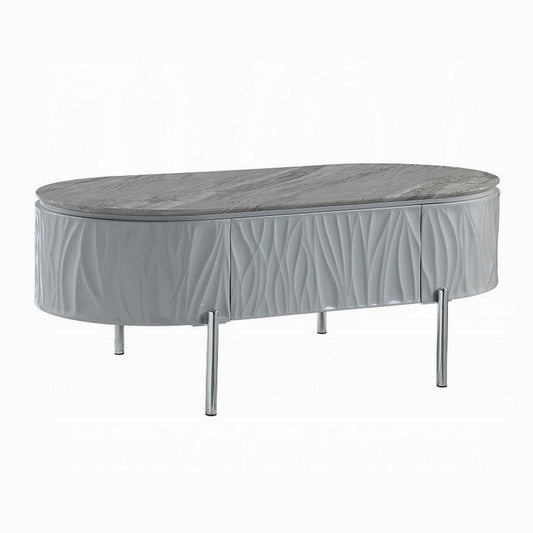 Doug Coffee Table, Gray High Gloss, Chrome Metal and Gray Wood, 47"