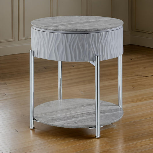 Doug Side End Table, 22" Gray High Gloss Wood, Chrome Metal Finish