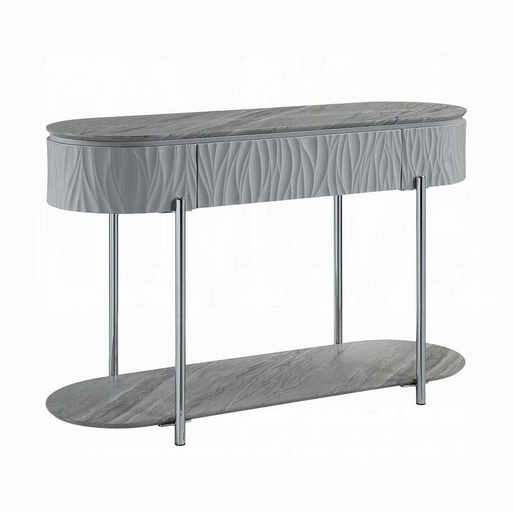 Doug Sofa Table, Drawers, Gray High Gloss Wood, Chrome Metal, 47"