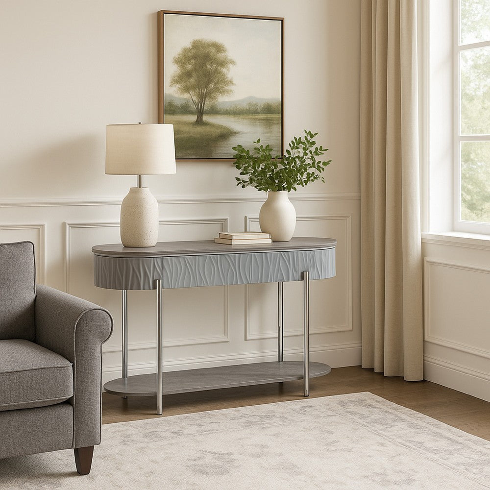 Doug Sofa Table, Drawers, Gray High Gloss Wood, Chrome Metal, 47"