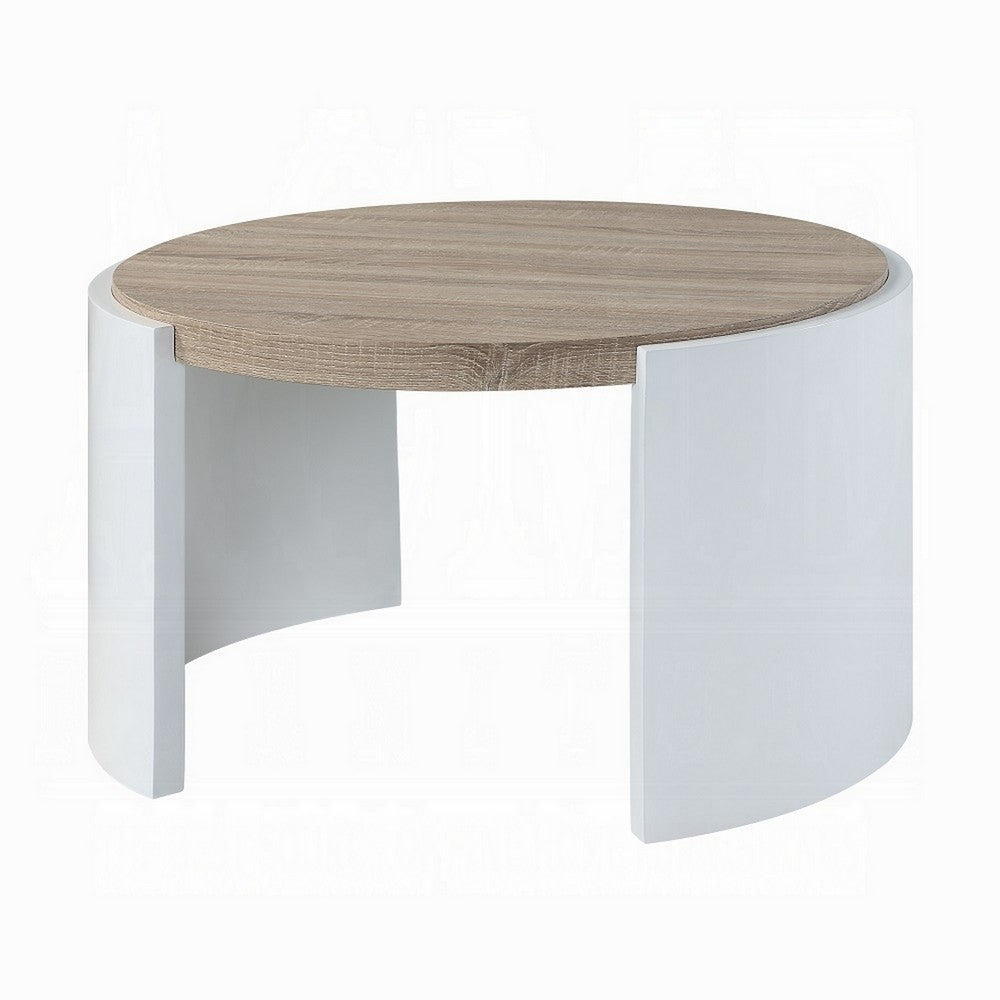 Romani Coffee Table, White High Gloss Wood, 33" Round Brown Tabletop
