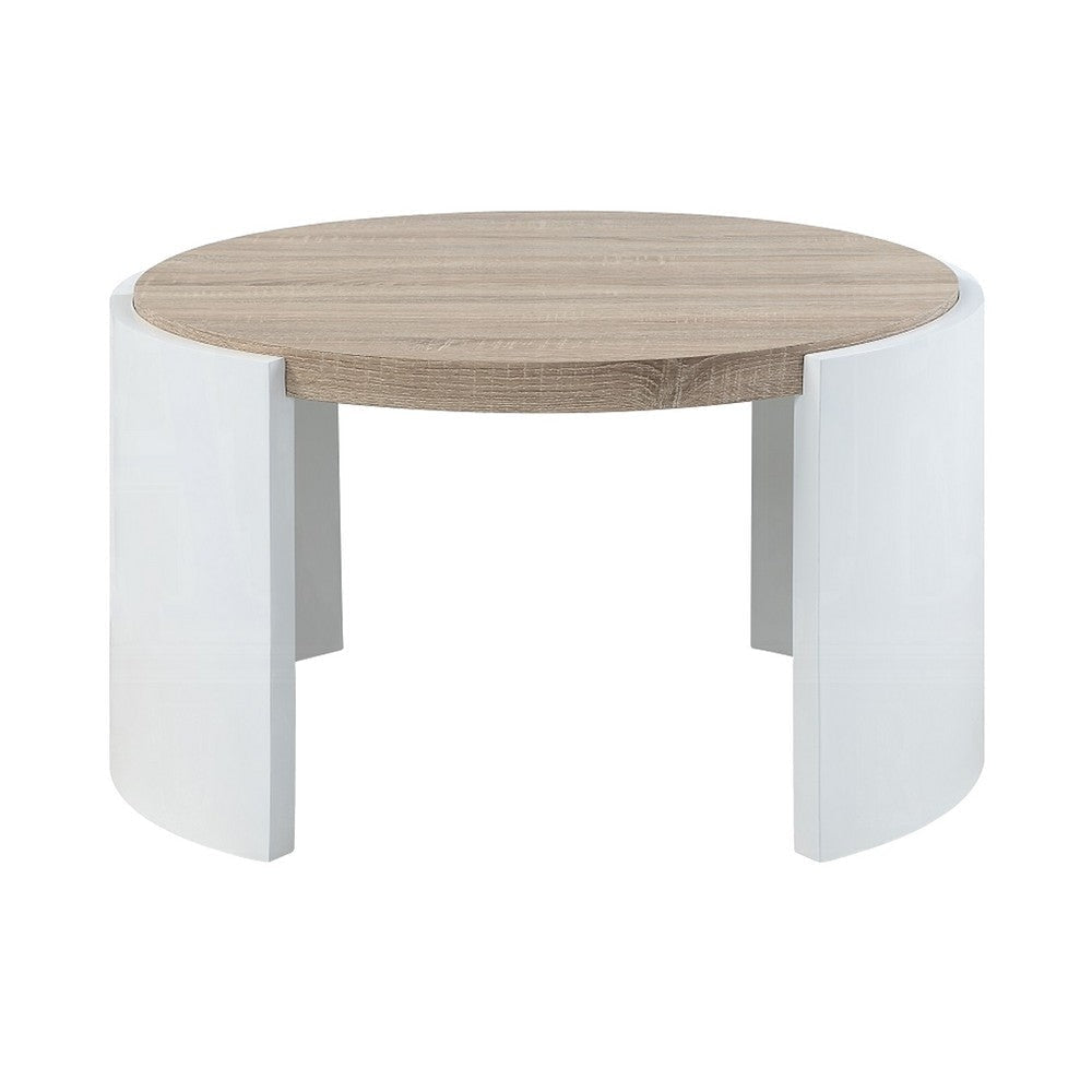 Romani Coffee Table White High Gloss Wood 33’’ Round Brown Tabletop BM324385