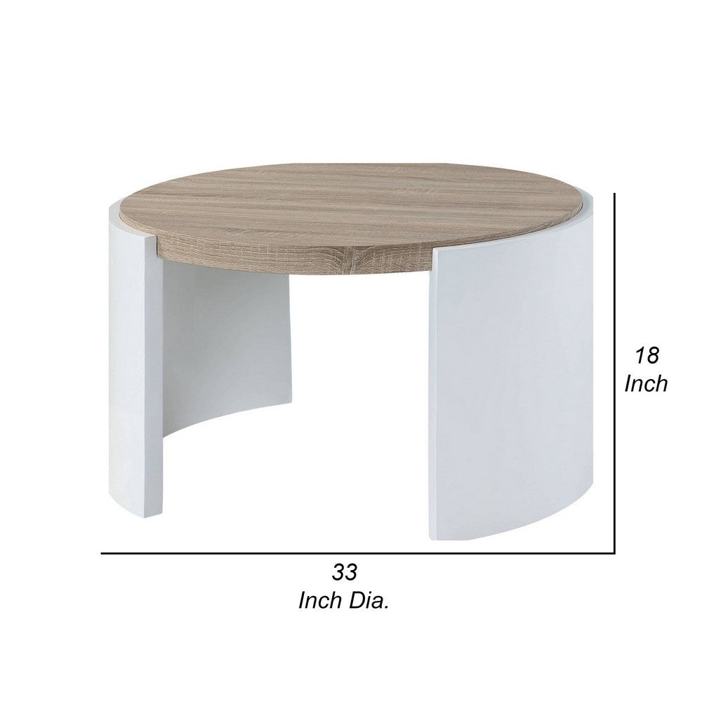Romani Coffee Table White High Gloss Wood 33’’ Round Brown Tabletop BM324385
