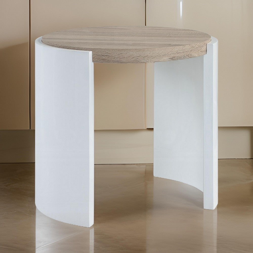 Romani Side End Table, White High Gloss Wood, Brown Top, Oval 26"