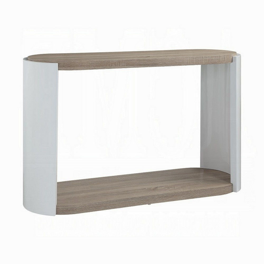 Romani Sofa Console Table, White High Gloss Wood, Brown, Oval 47"