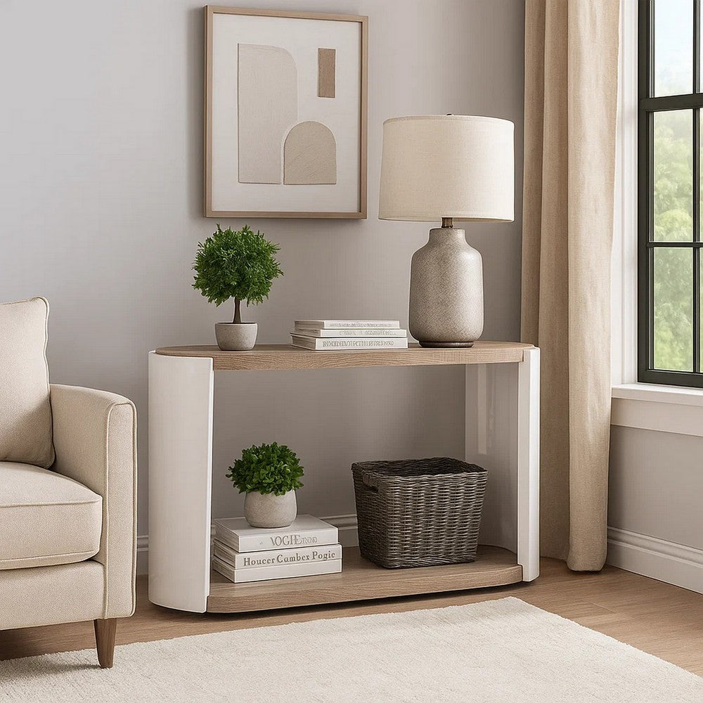Romani Sofa Console Table, White High Gloss Wood, Brown, Oval 47"