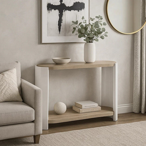 Romani Sofa Console Table, White High Gloss Wood, Brown, Oval 47"