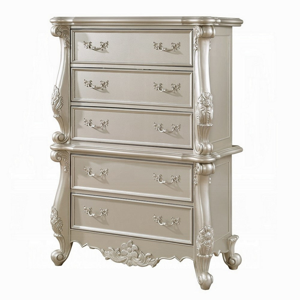 Bowe Tall Dresser Chest 5 Drawer Scrolled Champagne Gold Wood Finish BM324394