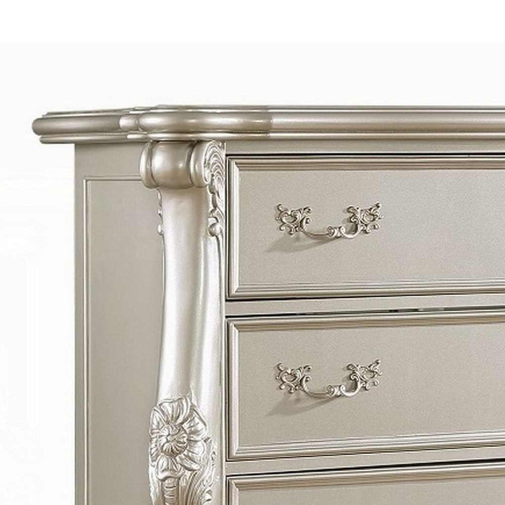 Bowe Tall Dresser Chest, 5 Drawer, Scrolled Champagne Gold Wood Finish Bowe Tall Dresser Chest, 5 Drawer, Scrolled Champagne Gold Wood Finish