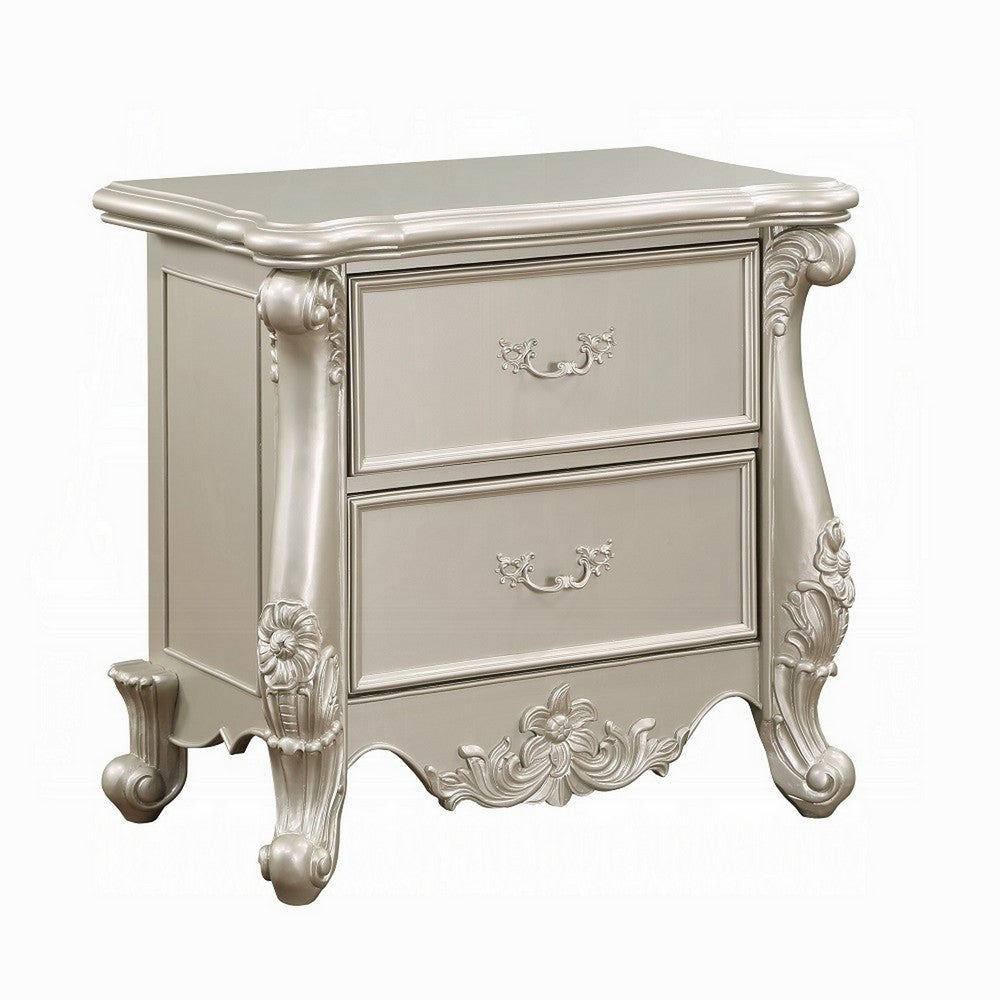 Bowe Nightstand, 2 Drawers, Scrolled Accent 32" Champagne Gold Wood