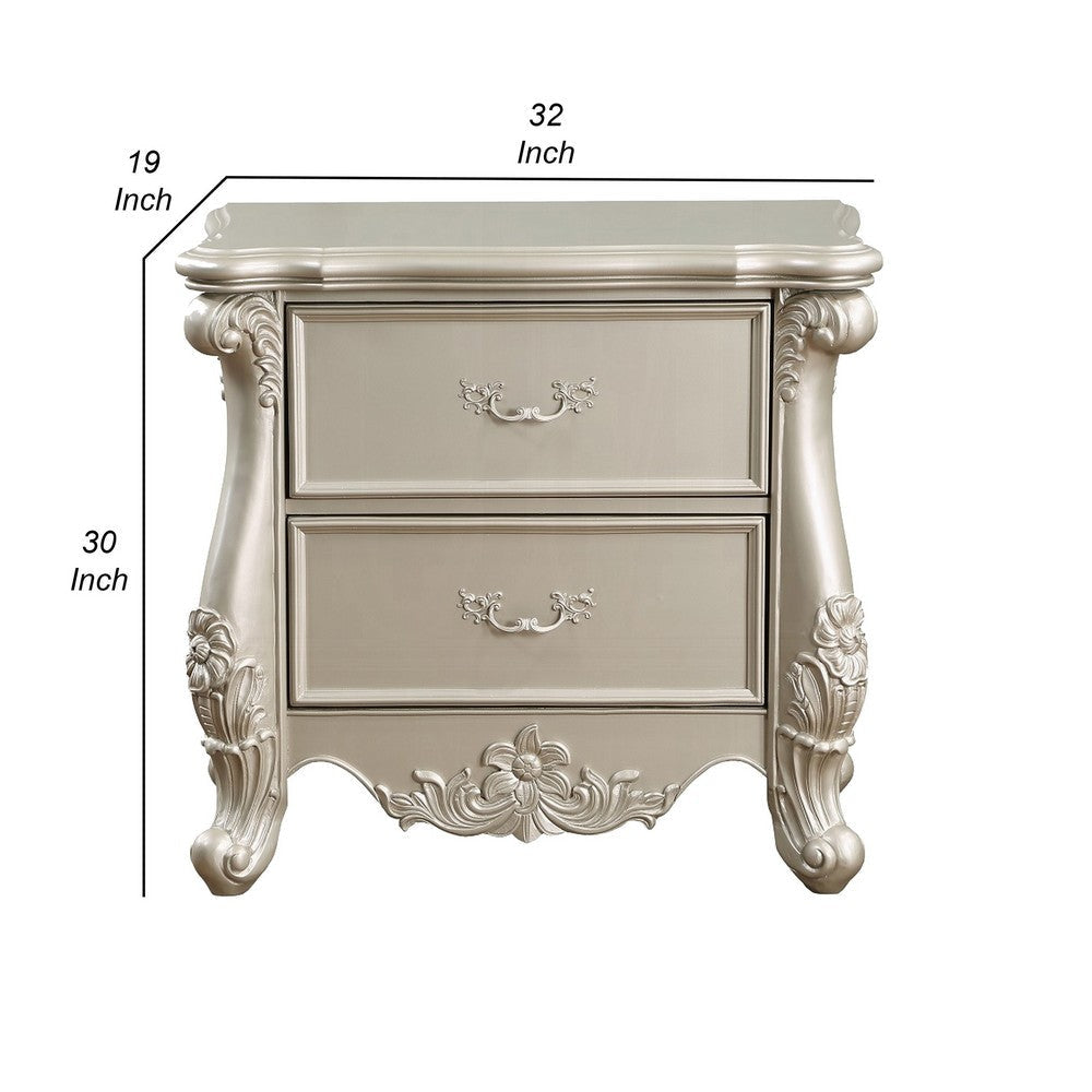 Bowe Nightstand 2 Drawers Scrolled Accent 32’’ Champagne Gold Wood BM324396