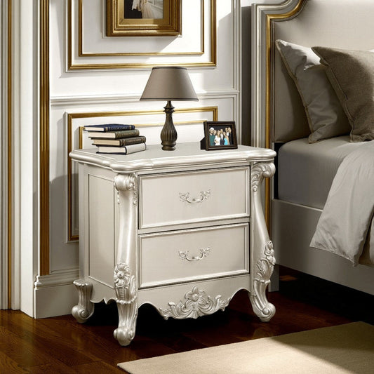 Bowe Nightstand, 2 Drawers, Scrolled Accent 32" Champagne Gold Wood