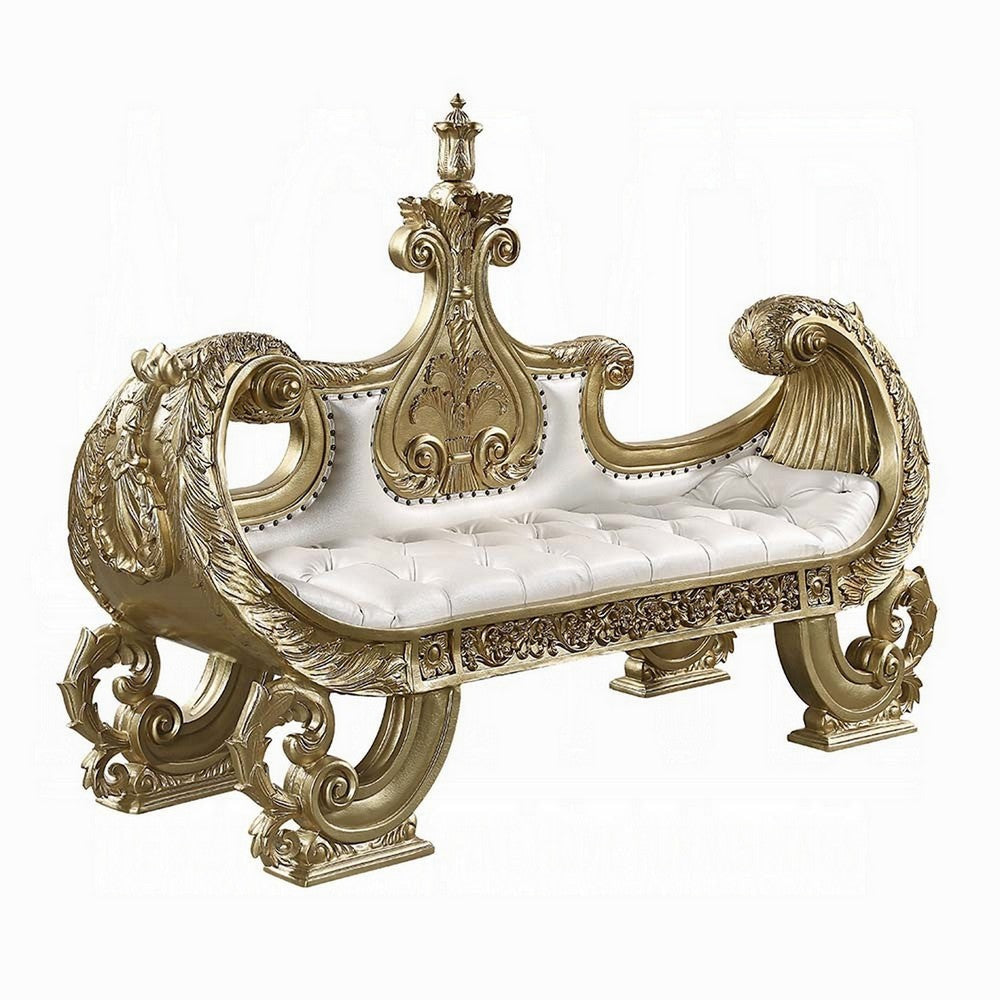 Rexx 71" Accent Bench Sofa, Gold Ornate Carvings, White Faux Leather