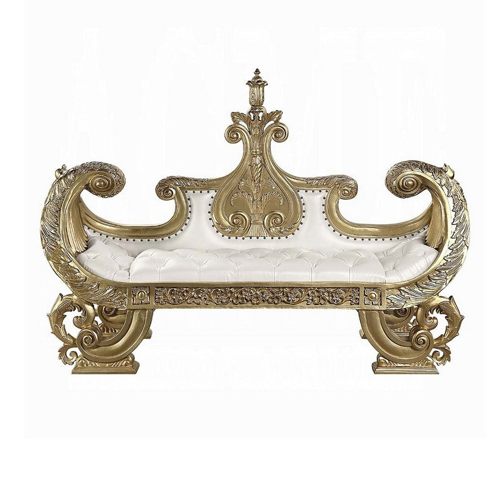 Rexx 71’’ Accent Bench Sofa Gold Ornate Carvings White Faux Leather BM324399