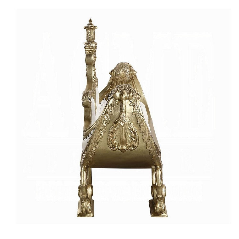 Rexx 71’’ Accent Bench Sofa Gold Ornate Carvings White Faux Leather BM324399